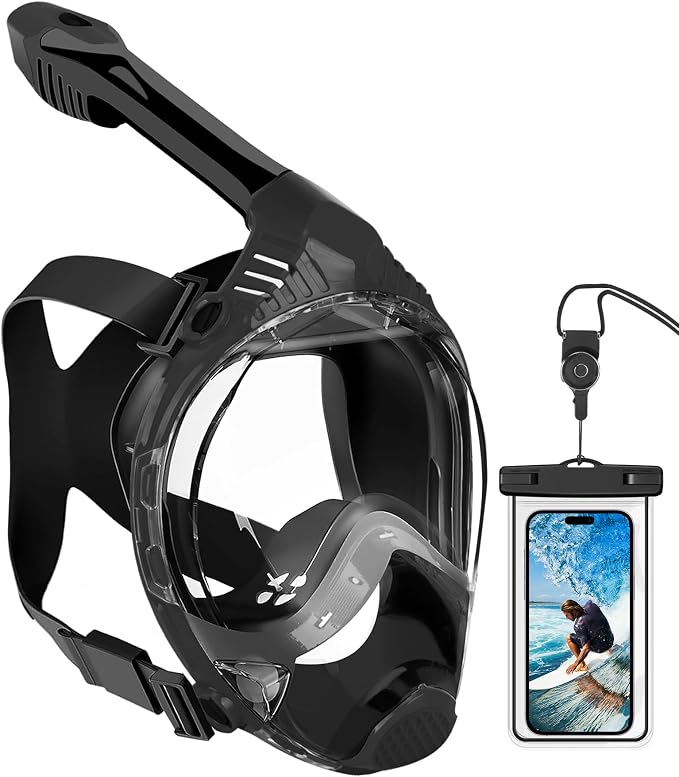 VGKE Full Face Snorkel Mask for Adults, Snorkeling Gear with Waterproof Phone Pouch, Unisex for Men and Women, 180-degree HD Panoramic View, Anti-Leak & Anti-Fog, Breathe Freely