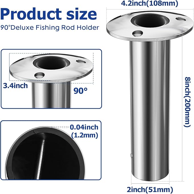 Fishing Rod Holder 2 Pack, 316 Stainless Steel 15/30/90 Degree Rod Holders for Fishing Boat, Flush Mount with Cap, Heavy Duty