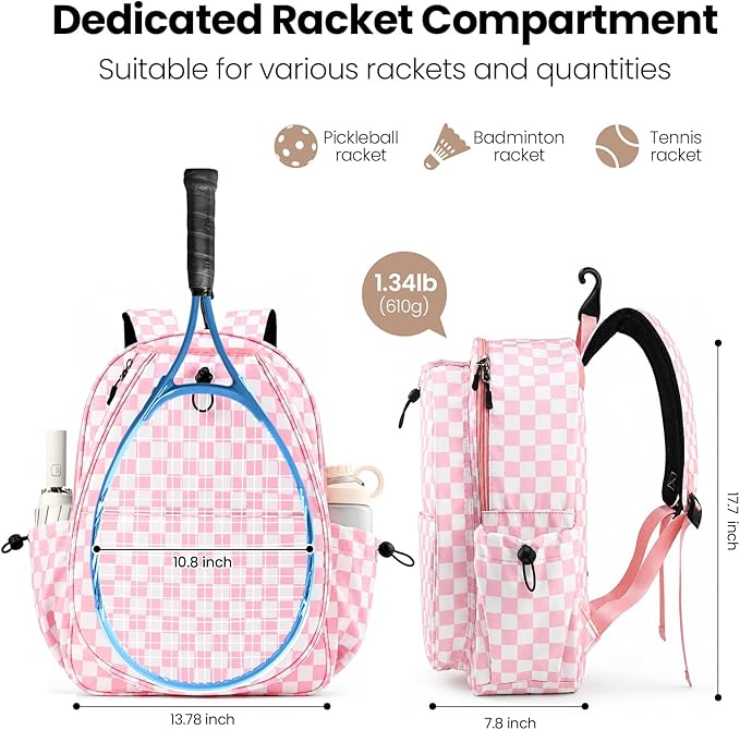 Mosthink Pickleball Racket Backpack Tennis Bag for Women Water-Resistant and Machine Washable Tennis Backpack，Lightweight Sports Bag for Pickleball, Badminton