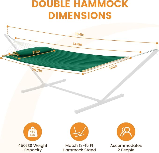 Lazy Daze Hammocks 12 FT Double Quilted Fabric Hammock with Spreader Bar and Detachable Pillow, 2 Person Hammock for Outdoor Patio Backyard Poolside, 450 LBS Weight Capacity, Dark Green