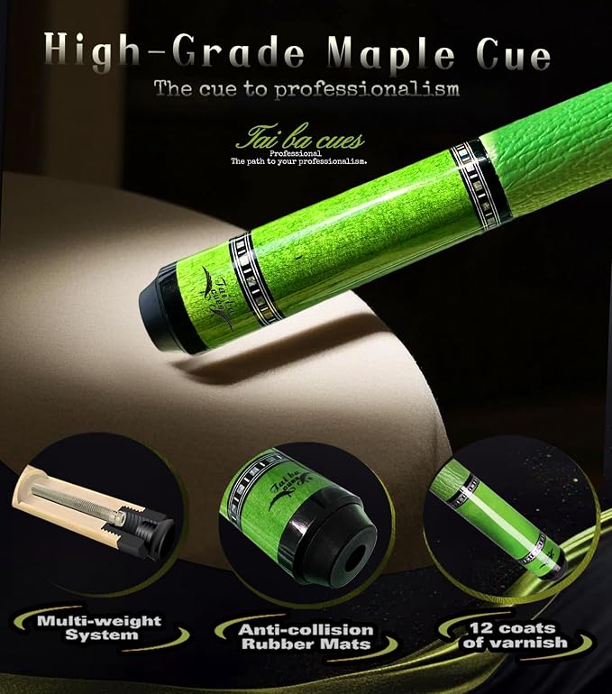 Tai ba cues 2-Piece Pool cue Stick with Case, Genuine Leather Grip, 13mm Tip, 58", 3/8 * 8 Pin Joint, Hardwood Canadian Maple Professional Billiard Cue Stick 19, 20, 21 Oz, Pink, Blue, Green, Orange