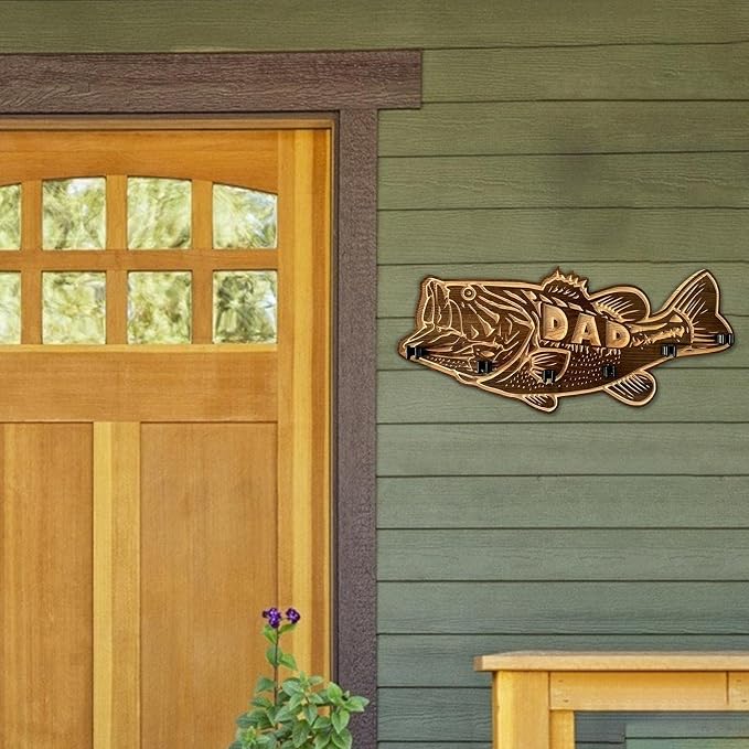 Wood Large Mouth Bass Fishing Rod Holder, Dad Favorite Wooden Fishing Rod Rack, Fishing Pole Rod Holders for Garage, Fathers Day