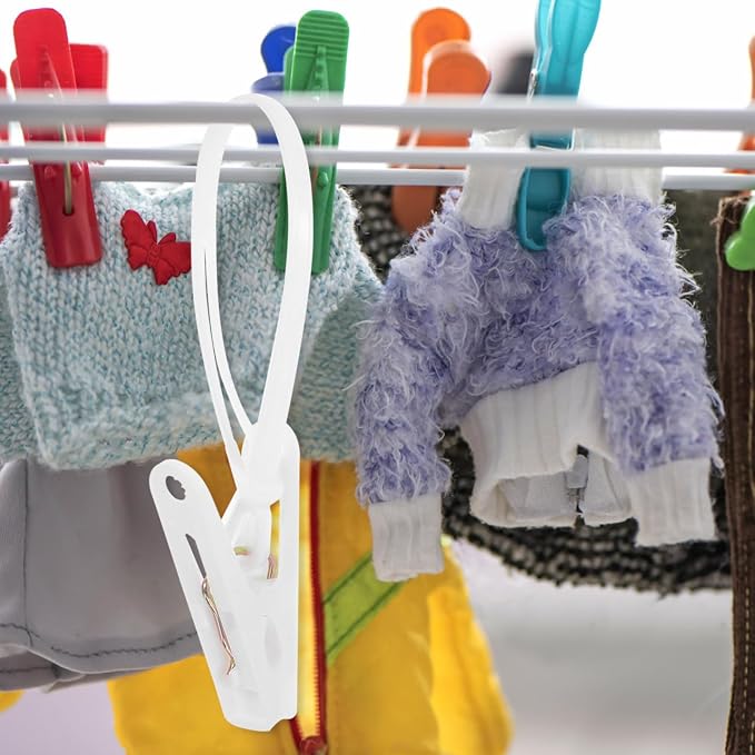 Unomor 60Pcs Windproof Clothes Clips with Rope Hook Heavy Duty Clothes Pins for Hanging Socks Towels Underwear Portable Drying Clips for Home Travel Outdoor Use 4.72In