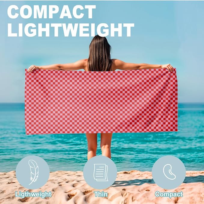 2 Pcs Microfiber Beach Towel, Sand Free Quick Dry Oversized Retro Red Pink Checkerboard, Lightweight Travel Pool Yoga Camping Accessories for Adults, 71 x 32 Inches