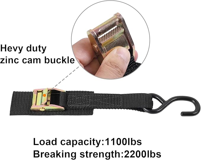 Ayaport Cam Buckle Tie Down Straps 6 feet 2200lbs Break Strength Securing Straps with S Hooks for Motorcycle, Kayak, Car, Truck, Dirt Bike, Pack of 4