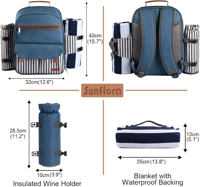 Sunflora Picnic Backpack for 4 Person Set Pack with Insulated Waterproof Pouch for Family Outdoor Camping(Blue & Stripe)