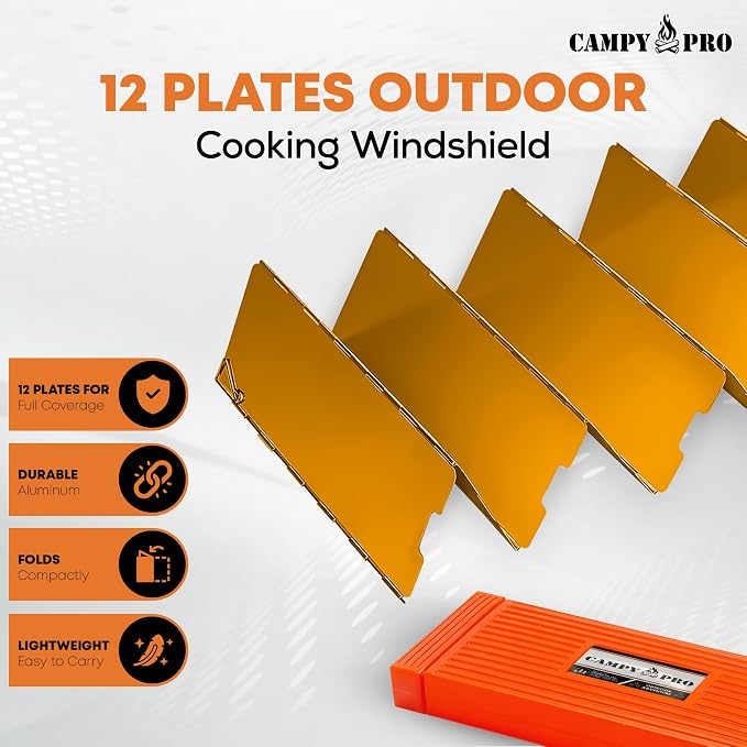 Orange Camping Stove Windscreen, 12-Plates Premium Aluminum Wind Guard Shield, Foldable Portable Design with Storage Box, Heavy-Duty, Butane Burner Windshield for Outdoor Cooking