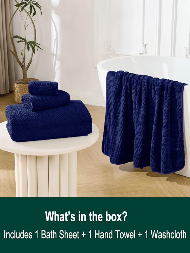 Extra Large Bath Sheet Set 3-Piece, 1 Bath Towel 40x80 Inches, 1 Hand Towel, 1 Washcloth, Soft Absorbent Quick Dry Microfiber Towel for Bathroom Beach Pool Gym Spa, Navy Blue