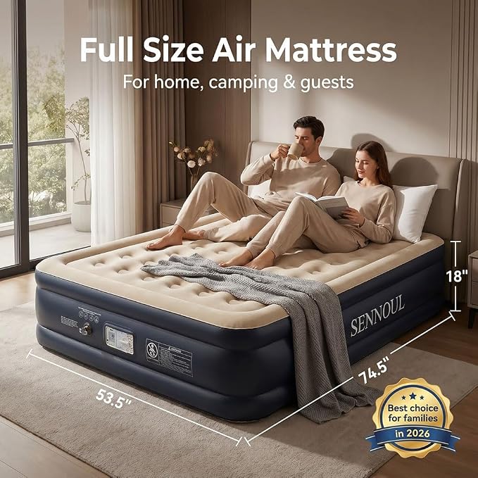 SENNOUL Air Mattress Full with Built in Pump,Upgraded Blow Up Bed Full Size,2 Mins Quick Self Inflatable/Deflation,18"/650lbs Max, Strong Support,No Leakage,No Odor,for Home,Guests,Camping,Travel