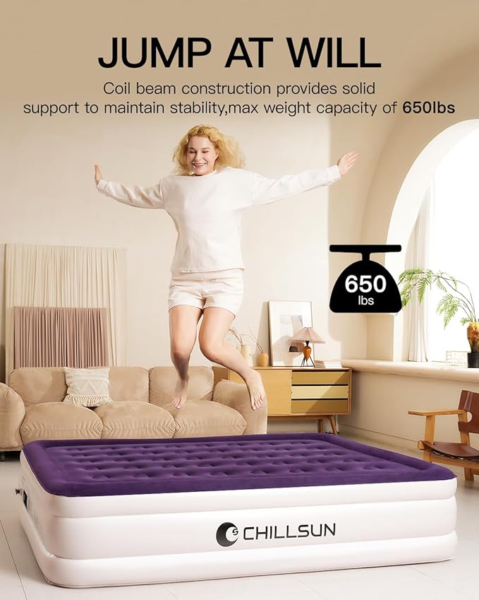 CHILLSUN Queen Air Mattress With Built in Pump, 18" Raised Upgraded Inflatable Mattress Blow up Mattress, Strong Support Puncture Resistant Air Bed for Camping Home&Guests, Colchon Inflable 650lbs Max