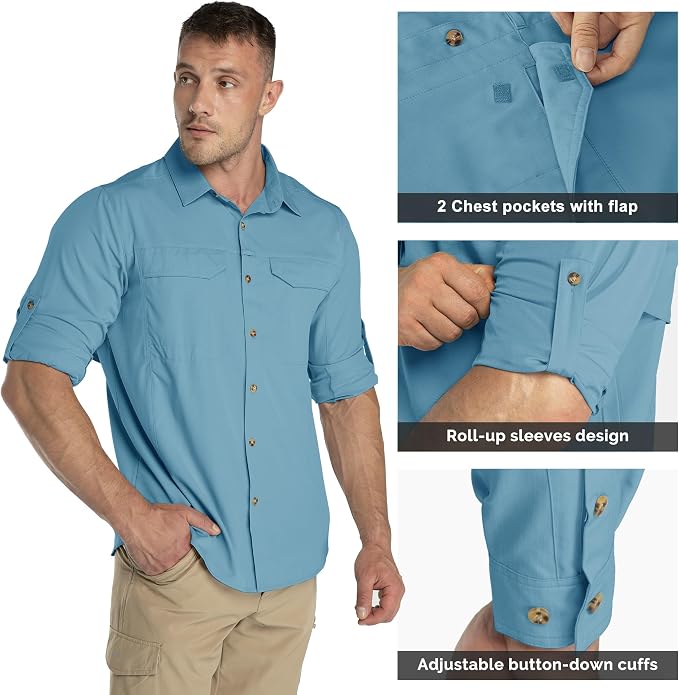 33,000ft Men's Long Sleeve Hiking Shirts Lightweight Quick Dry Sun Protection UV UPF 50 Fishing Shirt Outdoor Safari Travel