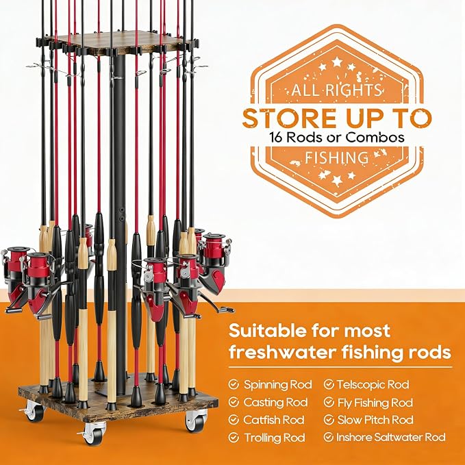 Fishing Rod Holders for Garage 360° Rotating Fishing Pole Rack, Floor Stand Holds up to 16 Poles Fishing Gear Equipment Storage Organizer, Fishing Gifts for Men Women, Brown