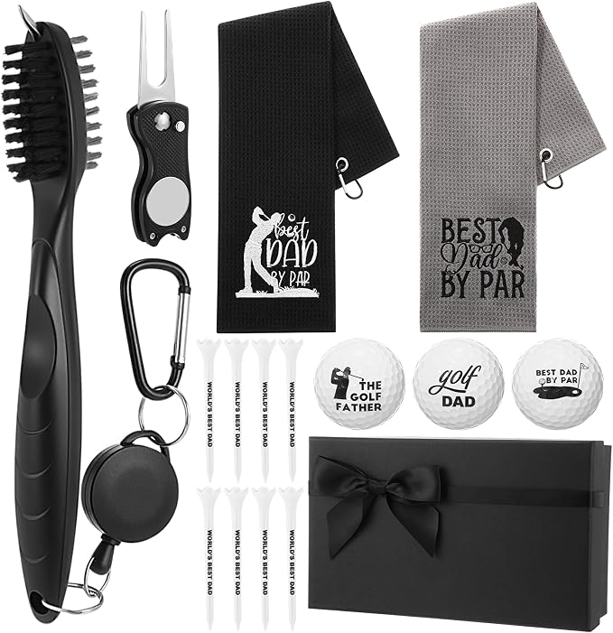 Soulchen 16 Pcs Father's Day Golf Gifts Cleaning Kit for Dad Microfiber Towel Balls Cleaning Brush Tees Divot Repair Tool by Golf Accessories Kit for Father Retirement Gifts