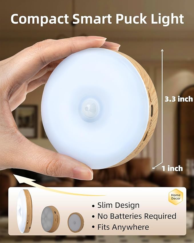 EZVALO Under Cabinet Lighting, 1000mAh Rechargeable Puck Lights with Remote, 3 Color Temps & 12 RGB Motion Sensor Closet Lights, Dimmable Under Cabinet Lights for Kitchen, Cabinets, Closet (3 Packs)