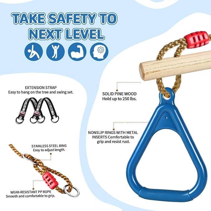 LadyRosian Wooden Trapeze Swing Bar, Adjustable Height Swing Set, Gym Rings, Playground Attachments, 16.5" Monkey Bar for Backyard, Playground, Playroom (Blue)