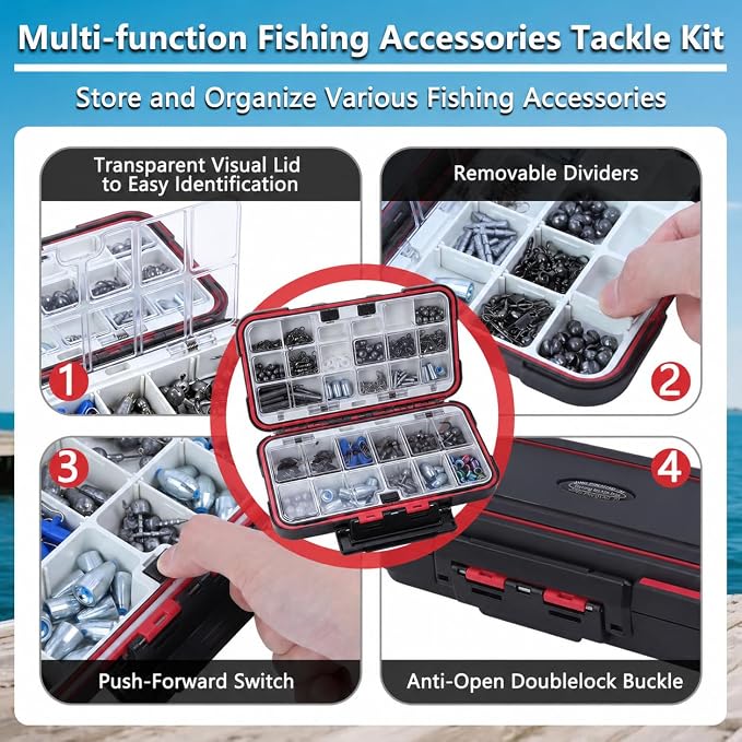 412Pcs Fishing Accessories Kit,Fishing Gift for Men(Red) | Complete Fishing Tackle Kit with Box,Eye Beads,Sinkers&Swivels,Beads& Bobber Stops,Pliers for Freshwater Bass&Trout,