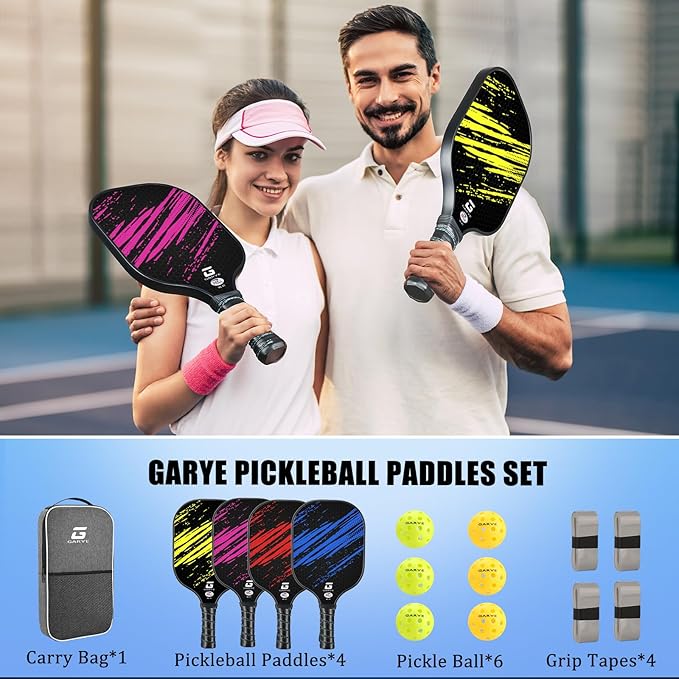 GARYE Pickleball Paddles Set of 4, Carbon Fiber Pickle Ball Paddle, USAPA Approved Lightweight Rackets 4 Pack for Adults and Teenagers, Includes 6 Balls, 1 Bag, and 4 Grip Tapes