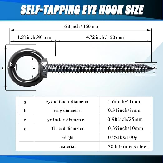 OHIYO 6.3 Inch Heavy Duty Eye Hooks M10 Self Tapping Eyelet Screw Load Capacity 850 LBS Heavy Duty Screw in Eye Hooks for Hammock Stand, Swing Chair, Yoga, Heavy Indoor & Outdoor Uses (Black)