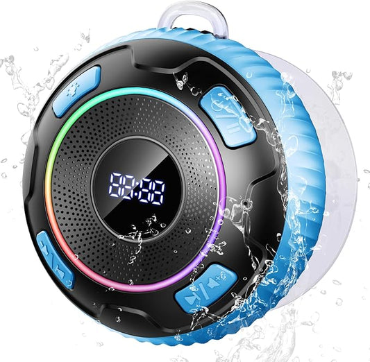Hupoaf Bluetooth Shower Speaker, Wireless Bluetooth 5.3, HD Sound, Portable Speaker with Suction Cup/Hook, IPX7 Waterproof, with LED Light/Time Display, for Bathroom/Outdoor/Party/Beach/Kayak/Gift