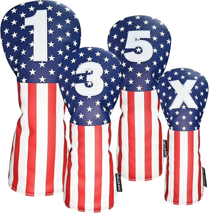 Golf Head Covers, Headcover for Woods and Driver Hybrid Set, Waterproof Club Head Covers, 4pcs or 1pc PU Leather USA Stars and Stripes 1 3 5 X for Most Golf Clubs