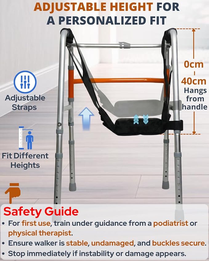 Walker Knee Sling, Adjustable Knee Rest with Padding for Surgery Recovery, Alternative to Crutches & Knee Scooters for Non Weight Bearing, Walker Accessories for Ankle/Foot Injuries