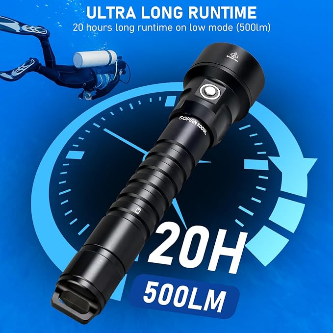 SOFIRN SD09L Scuba Diving Flashlight 6800 High Lumens, Super Bright LED Underwater Dive Light with Rechargeable Power, IPX8 Waterproof Submersible Torch for Night Cave Dives