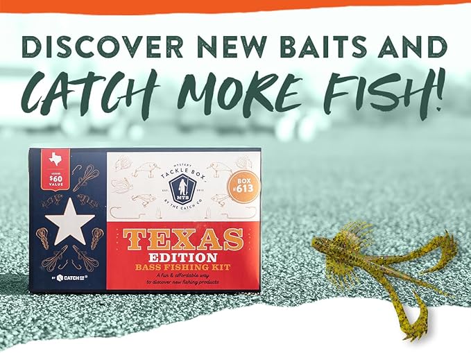 Catch Co Mystery Tackle Box Texas Bass Elite Fishing Kit (7-9 Items) | 7-9 Freshwater Baits for Largemouth, Smallmouth & More – Includes Exclusive Texas Decal, Fishing Gift, Fishing Gifts for Men