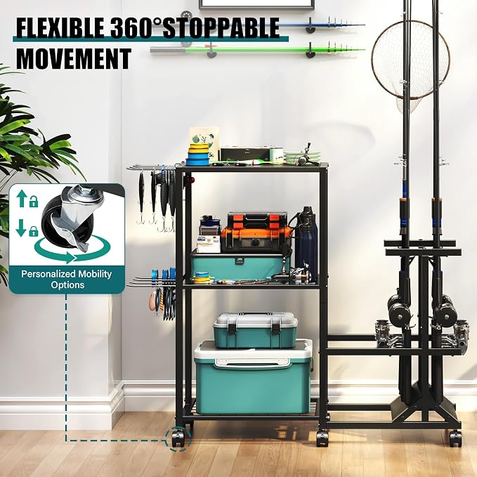 TC-HOMENY Fishing Rod Holders for Garage with Lockable Wheels, Heavy Duty Fishing Pole Rack Cart Holds Up to 10 Rods, Large Fishing Tackle Gear Organizer Storage rack for Room, Garage, Basement, Black