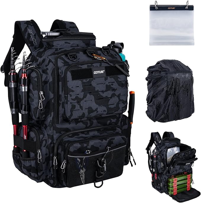 Goture Fishing Backpack,900D Water-Resistant Tackle Backpack with Rod Holders, SBS Zippers,45L Large Fishing Bag Storage Gear Tackle Bag with Rain Cover, Bottle Holder for Travel Camping Hiking
