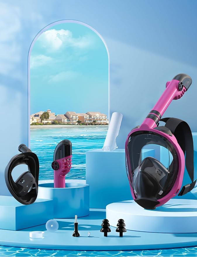 Full Face Snorkel Mask for Adults, 180° Panoramic Anti-Fog Snorkeling Gear with Dry Top System & Camera Mount, Foldable Anti-Leak Design for Travel, Swimming & Ocean Snorkeling