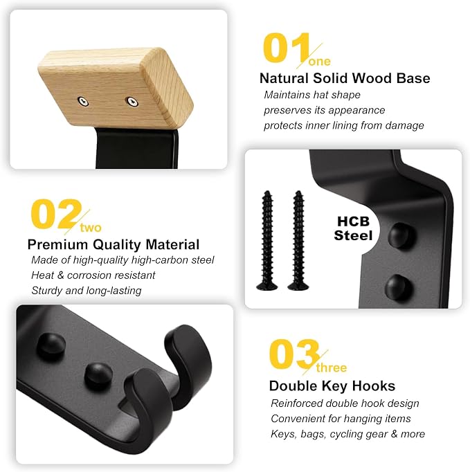 Motorcycle Helmet Holder Wall Mount - Heavy Duty Helmet Hanger Rack with 2 Key Hooks, Solid Wood & Strong Steel Design for Bike, Football, Skiing Sports Gear, Jackets & Hats (Yellow*2)