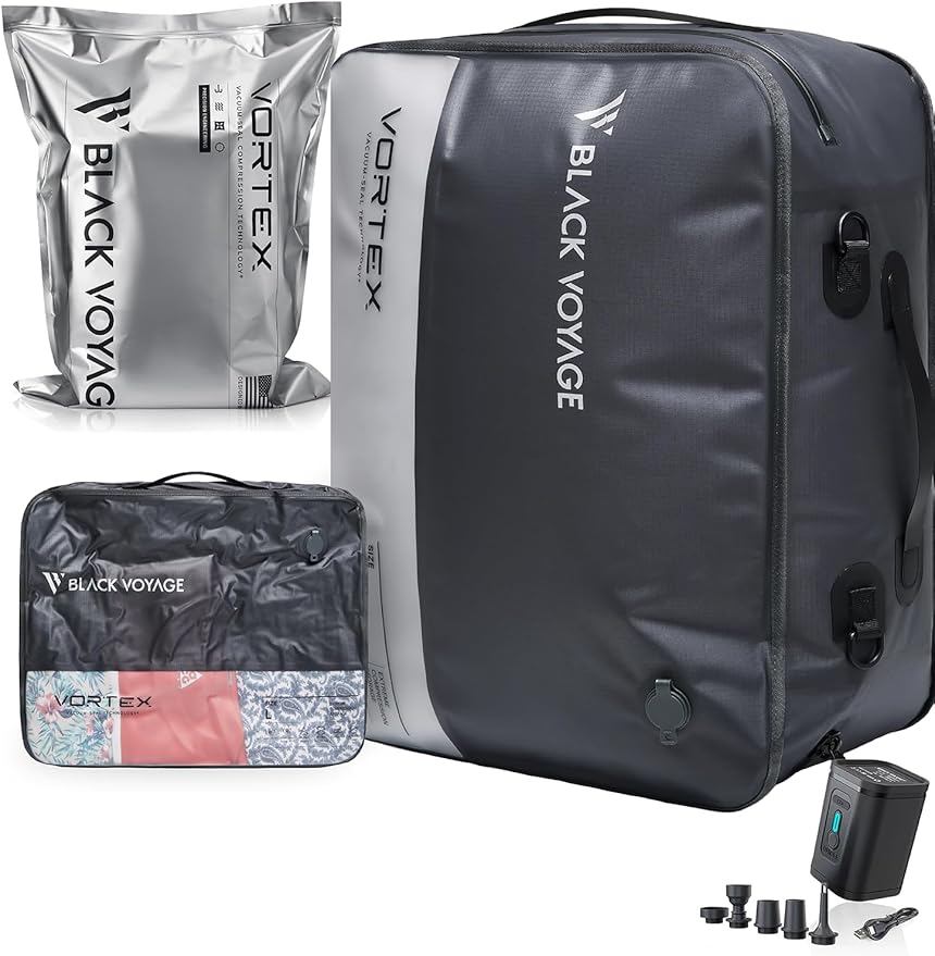 Black Voyage Reusable Vacuum Compression Travel Bag for Carry-On Suitcase and Backpack, Recycled IPX8 Waterproof Space Saver Vacpack (1-Pack, 41L - Pump Included)