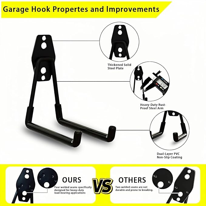 4 Pack Garage Hooks Heavy Duty with Anti-Slip Coating, Steel Utility Ladder Hooks for Hanging Garden Tools, Hoses, Ropes, Bikes and More (5.3in)