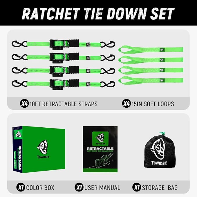 Retractable Ratchet Straps(4 Pack) - 1in x 10ft Self Retracting Ratchet Straps with Soft Loops, 1,500 lbs Break Strength Retractable Tie Down Straps, Easy Retract for Motorcyle, Cargo, Truck, Trailer