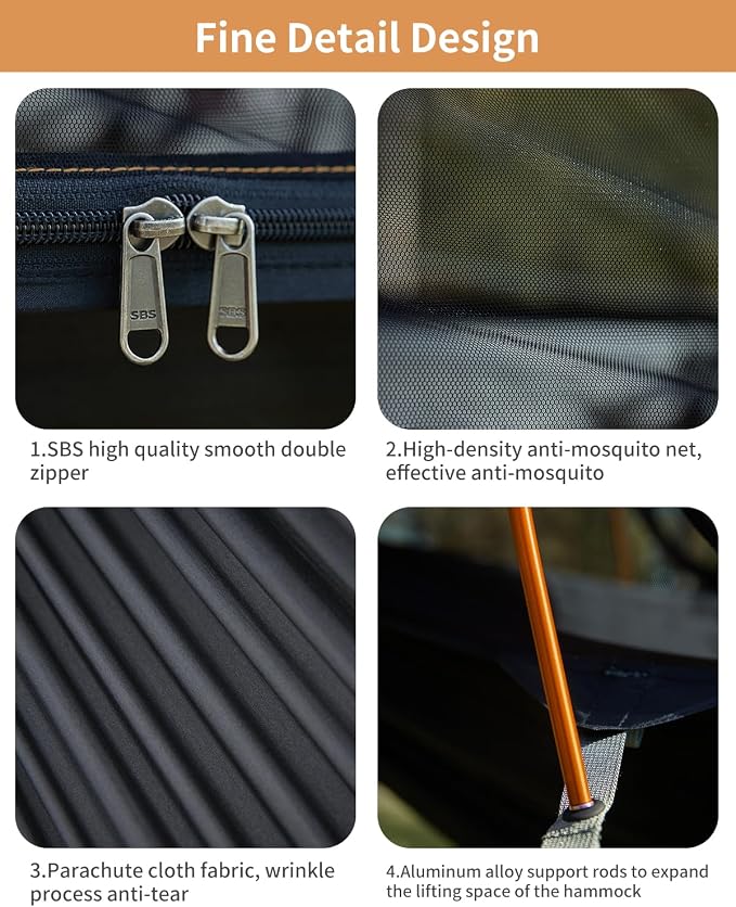 Camping Hammock Tent with Mosquito Net and Sunshade, Extra Large for 2 Person, Lightweight Hanging Hammocks Tree Straps, Bivvy Ground Tent for Outside, Hiking, and Travel