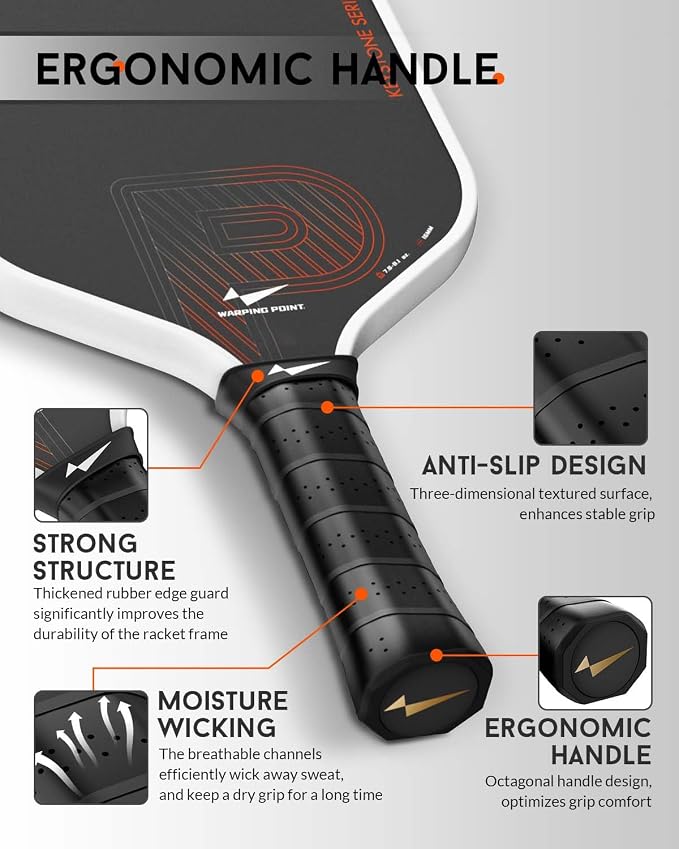 Warping Point Pickleball Paddle, Carbon Fiber Paddle with Endura Friction Surface, Polymer Honeycomb Core, Design for Ultimate Spin & Power, Large Sweet Spot & Contro, USAP Approved