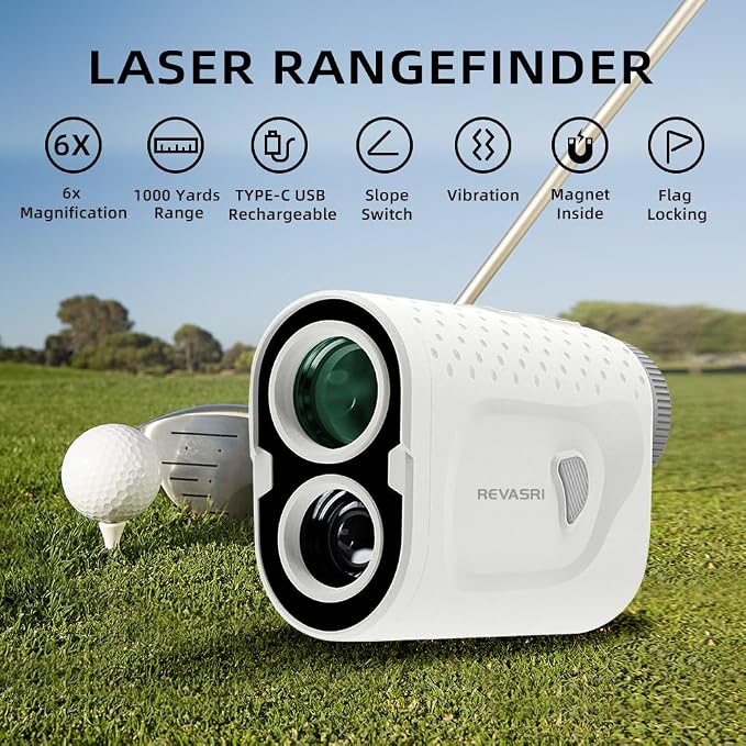REVASRI Golf Range Finder with Magnet, Slope, Flag Lock Vibraiton, Measure in Y/F/M, Upgraded Clarity, 1000 Yards Rangefinder with Rechargeable USB-C