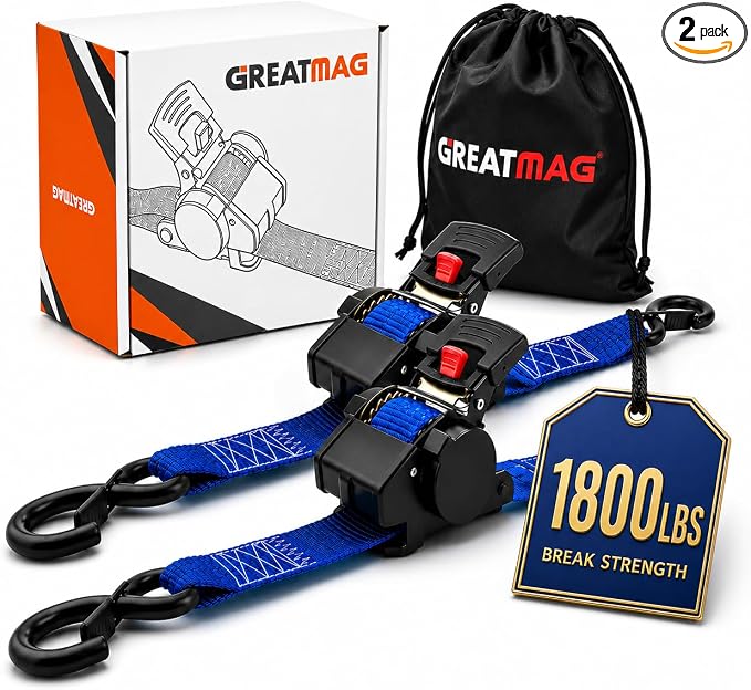 Retractable Ratchet Tie-Down Straps 1800 lbs, 1in × 10ft Auto Retract Cargo Straps with Zinc S-Hooks, Self-Retracting Tie Downs for Trucks, Roof Racks & Trailers, 2 Pack, Blue