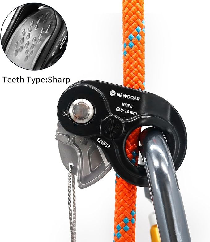 NewDoar Rope Grab Lightweight Rope Clamp Ascender Riser Adjuster Fits 8-13mm Rope Self-Locking Grip for Rock Climbing,Protection Rescue,Rappelling,Gear Equipment-Sharp Teeth