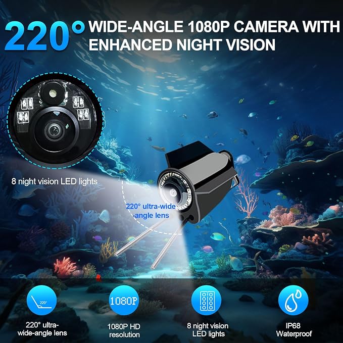 5 Inch Underwater Fishing Camera,1080P Underwater Fish Viewer with Night Vision,220° Wide Angle,8000mAh Battery,98ft Cable,Ice Fishing Camera for Lake Sea Boat Fishing
