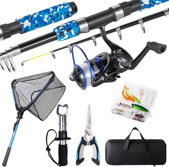Tripquips Fishing Rod and Reel Combo with Fishing Net, 6.9ft Telescopic Fishing Pole Kit with Fishing Pliers, Lip Gripper, Fishing Lures,Pre-Loaded Spinning Reel Combo