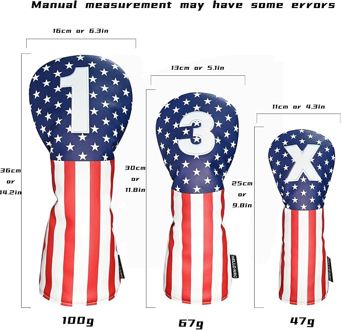Golf Head Covers, Headcover for Woods and Driver Hybrid Set, Waterproof Club Head Covers, 4pcs or 1pc PU Leather USA Stars and Stripes 1 3 5 X for Most Golf Clubs