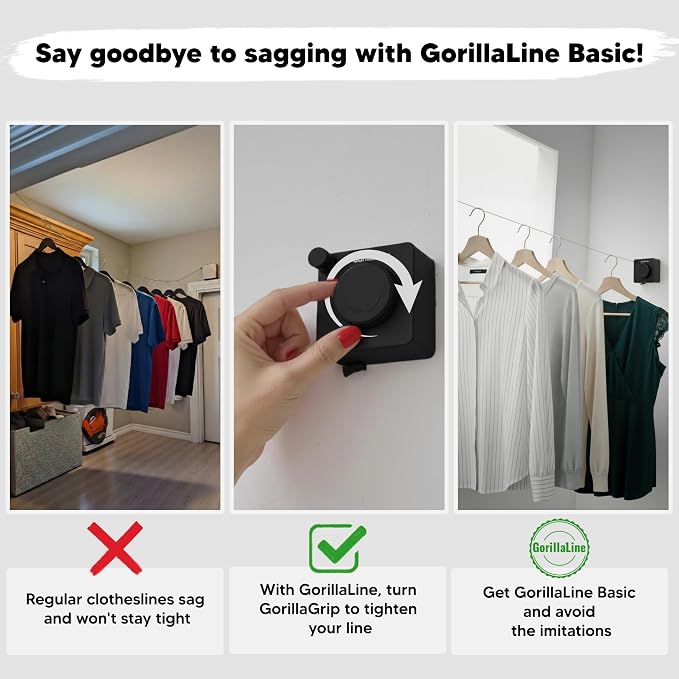GorillaLine Basic - Retractable Clothesline Indoor Outdoor Clothes Line - Non-Sagging Heavy Duty Clothes Drying Laundry Line - Wall Mounted Drying Rack - Air Dry Clothing - Tighten with GorillaGrip