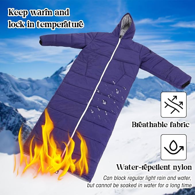 Macarrie Cold Weather Wearable Sleeping Bag for Adults with Sleeves and Hood 74 Inch Long 0 Degree Winter Weather Insulated Extreme Cold Sleeping Bag Coat for Camping Hiking Stadium