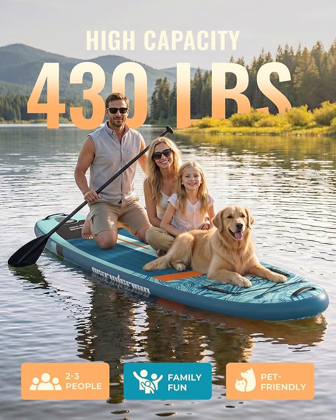 11'x34 Inflatable Paddle Board for Adults Youth, Extra Wide 430LBS Capacity SUP, Stable 2-3 Person Family for Lake Ocean Fishing Surfing Yoga, Includes Accessories