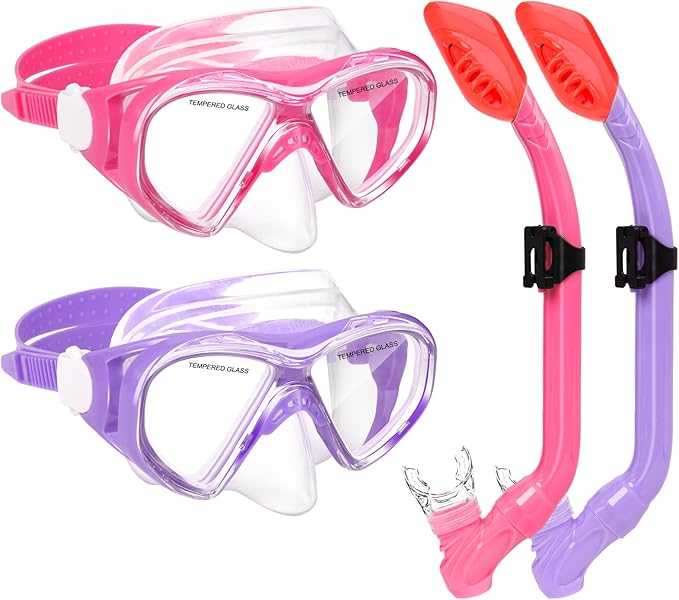 2 Sets Snorkeling Gear for Kids, Kids Snorkel Set for Ages 6-14, Dry Top Snorkel Mask Set for Youth Boys Girls Junior, Tempered Glass Diving Swimming Mask Goggles