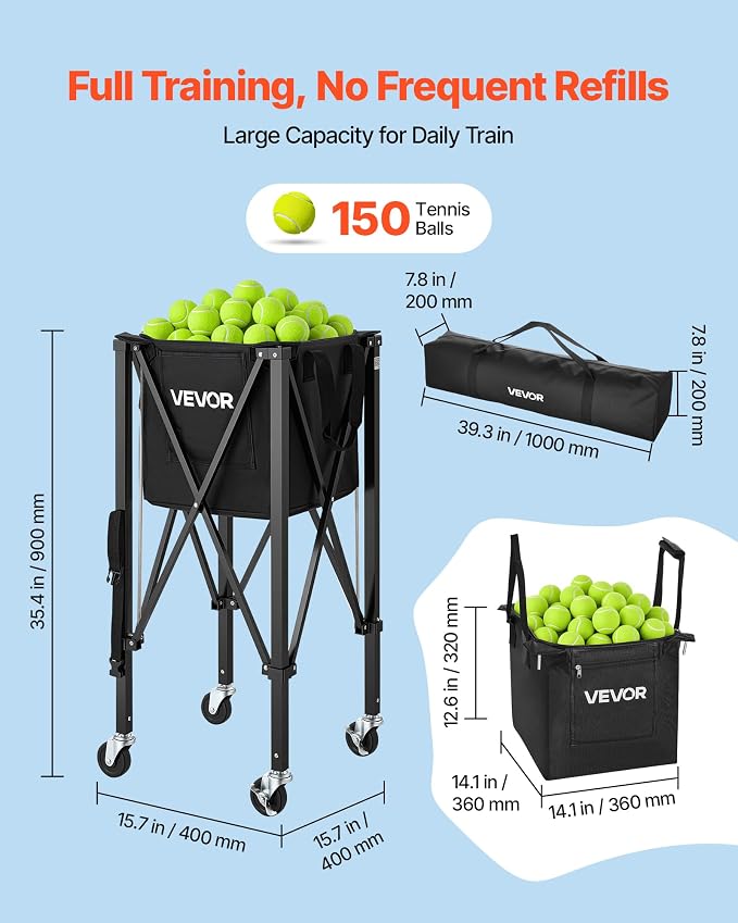 VEVOR Tennis & Pickleball Hopper Holds 200/175/150/120 Balls, 3-in-1 Tennis Foldable Pickleball Basket Cart for Easy Installation, Storage Bag for Tennis Training & Teaching