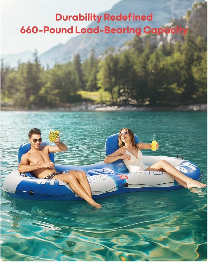 QPAU Inflatable Double River Tube, 2 Person 660lb Capacity, Puncture-Resistant 93" Sturdy Heavy Duty River Float, River Raft with Ergonomic Backrest, Cooler & Cup Holders for Family