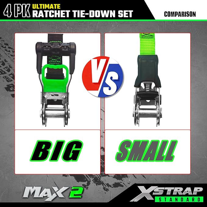 XSTRAP STANDARD 4PK Motorcycle Ratchet Straps, 1" x 15ft, 2,200 lbs Break Strength Tie Down Straps with Safety Lock S-Hooks, Soft Loop Straps and Stickers for Trucks, Cargo, Moving (Green)