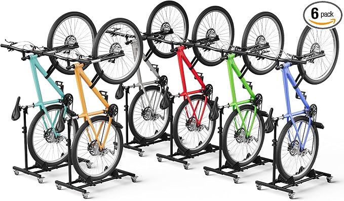 Vertical Bike Stand, (6 Pack) Space Saving Indoor Bicycle Storage Rack with Wheels for Garage & Apartment, Freestanding adjustable Holder Fits Most Road, Mountain & Hybrid Bikes up to 29"